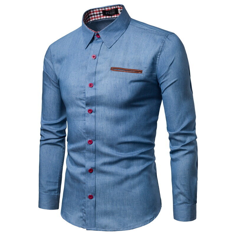 Men's Slim-Fit Stretch Denim Shirt with Check Collar and Decorative Chest Strip Chichicherry