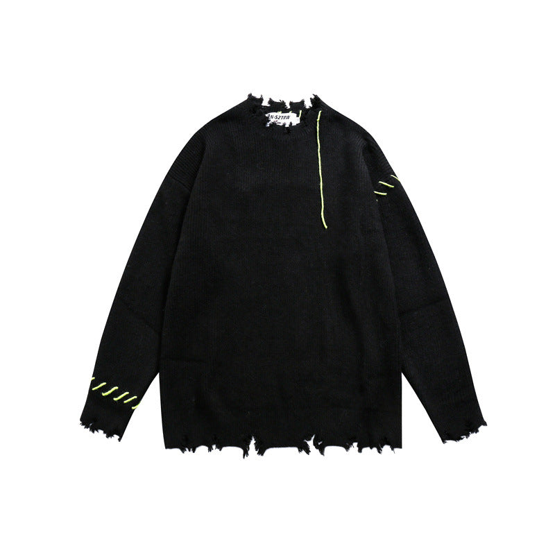 Unisex Oversize Chunky Knit Sweater with Destroy Effect and Decorative Seams Chichicherry