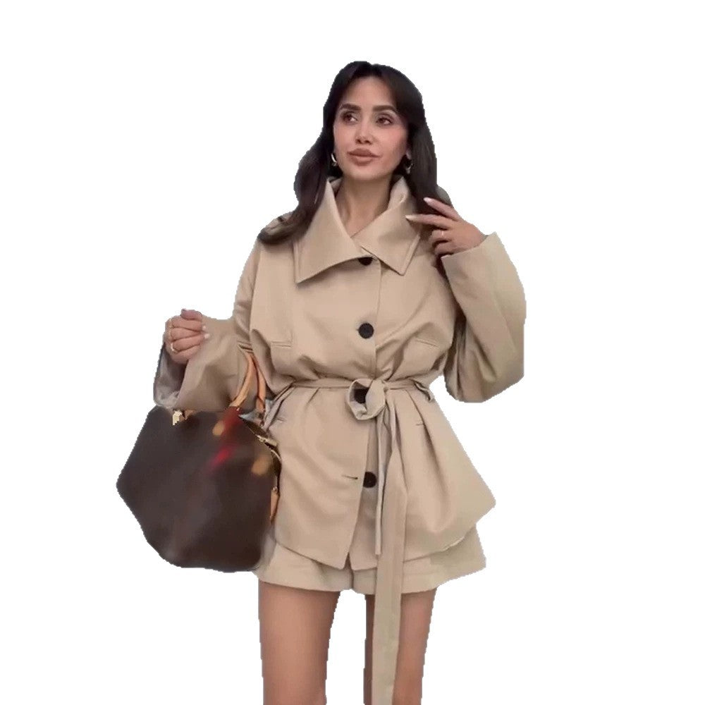 Women Tailored Short Jacket with Belt and Dropped Sleeves Chichicherry