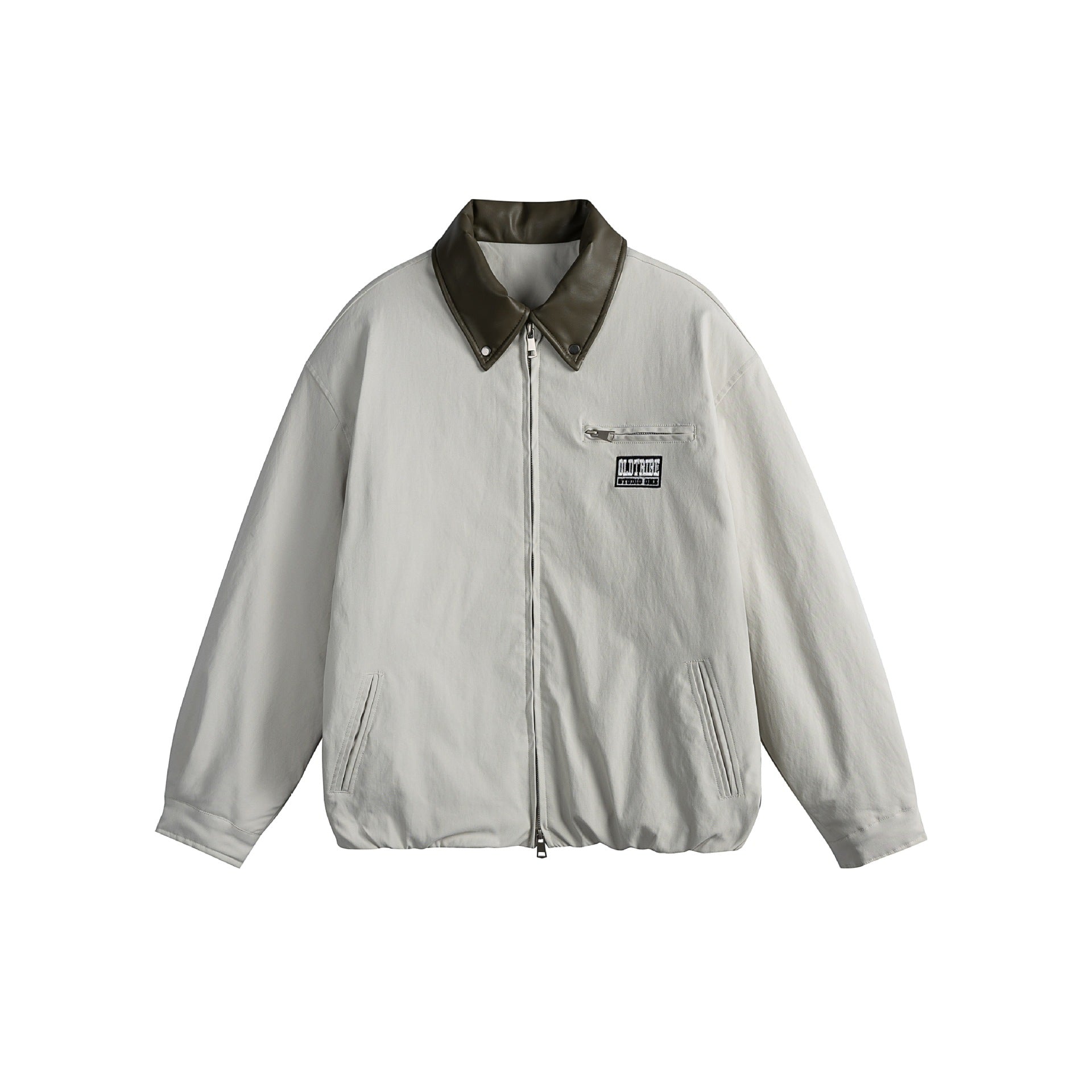 Unisex Oversized Blouson Jacket with Faux Leather Shawl Collar, Two-Way Zipper and Elastic Hem Chichicherry