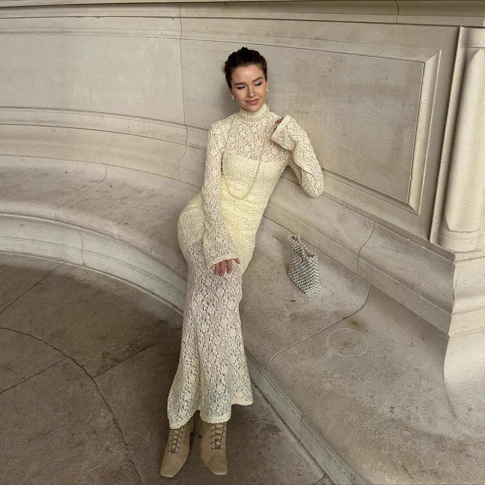 Women Elegant form-fitting Maxi dress made of lace with a stand-up collar and trumpet sleeves Chichicherry
