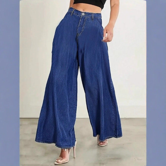 Women Extra Wide High-Waist Denim Palazzo Pants with Flowing A-Line Fall Chichicherry