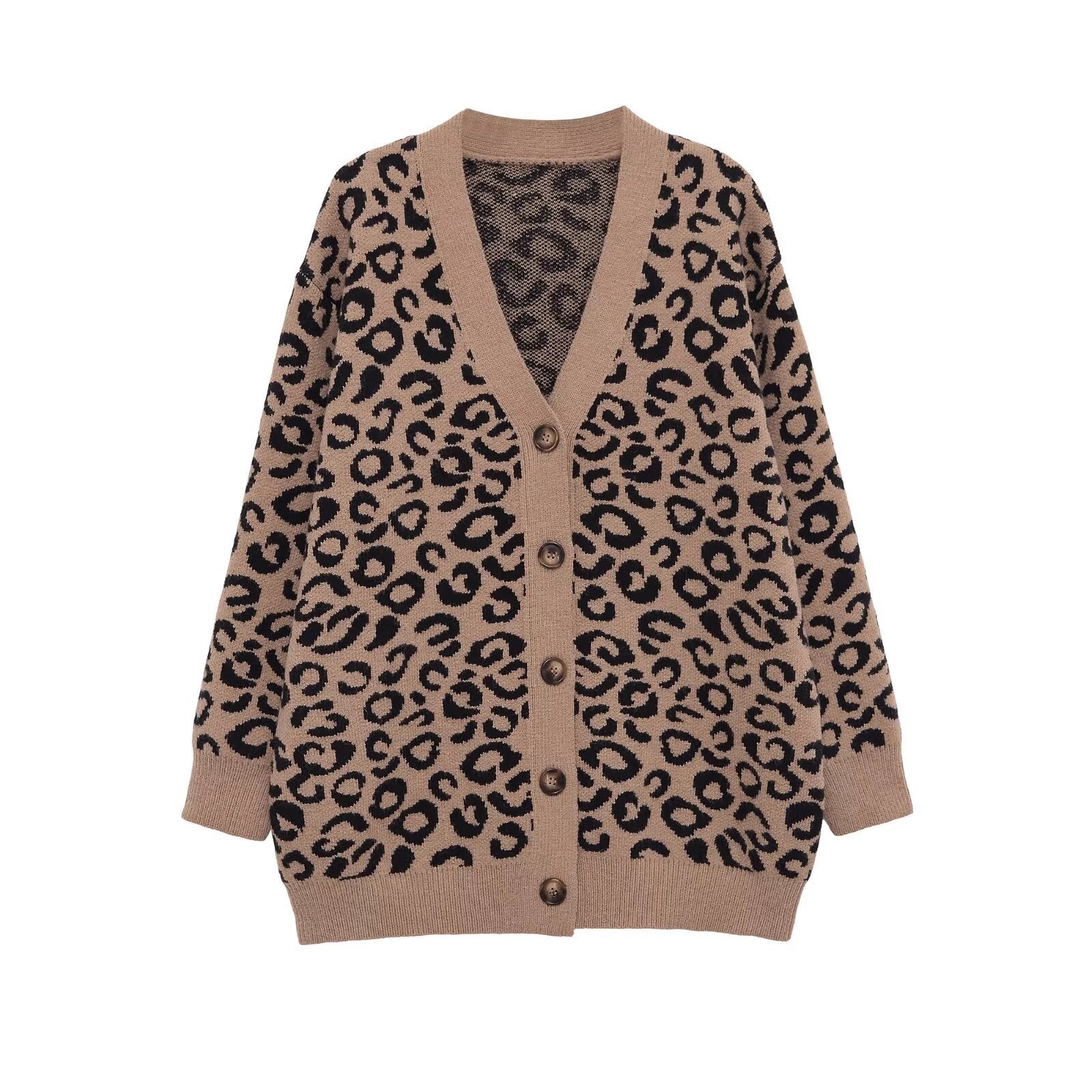 Women's Oversized Knit Cardigan with Leopard Print, V-Neck and Button Placket Chichicherry