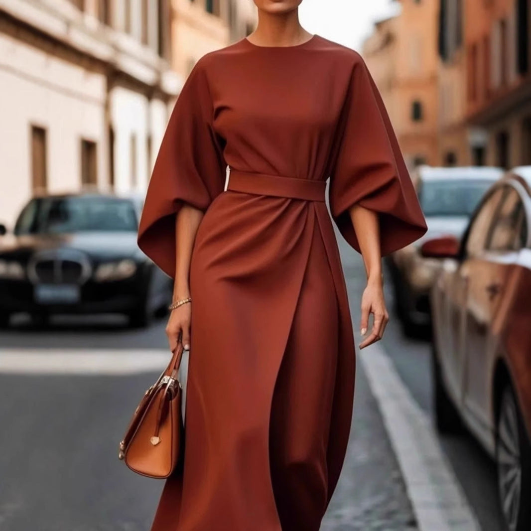 Damen Elegantes Midikleid mit weitem Kimonoärmel, tailliertem Gürtel und drapierter A‑Linie Chichicherry