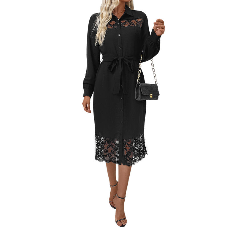 Women's shirt dress with waist belt and lace inserts Chichicherry