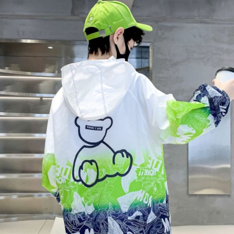 Unisex nan lightweight windproof hoodie jacket with allover graphic print and reflective accents for children Chichicherry