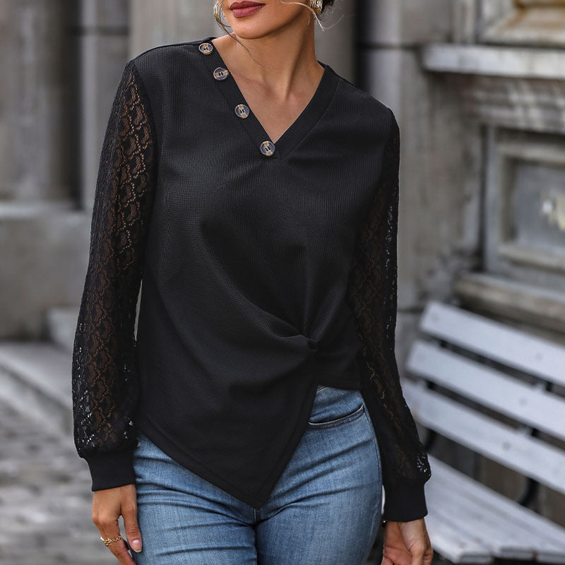 Women's Fitted Long Sleeve Shirt with Lace Sleeves, V-Neck and Knot Front Chichicherry