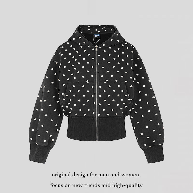 Women Short Hooded Sweat Jacket with Full Zip, Polka Dot Allover and Wide Ribbed Cuff Chichicherry