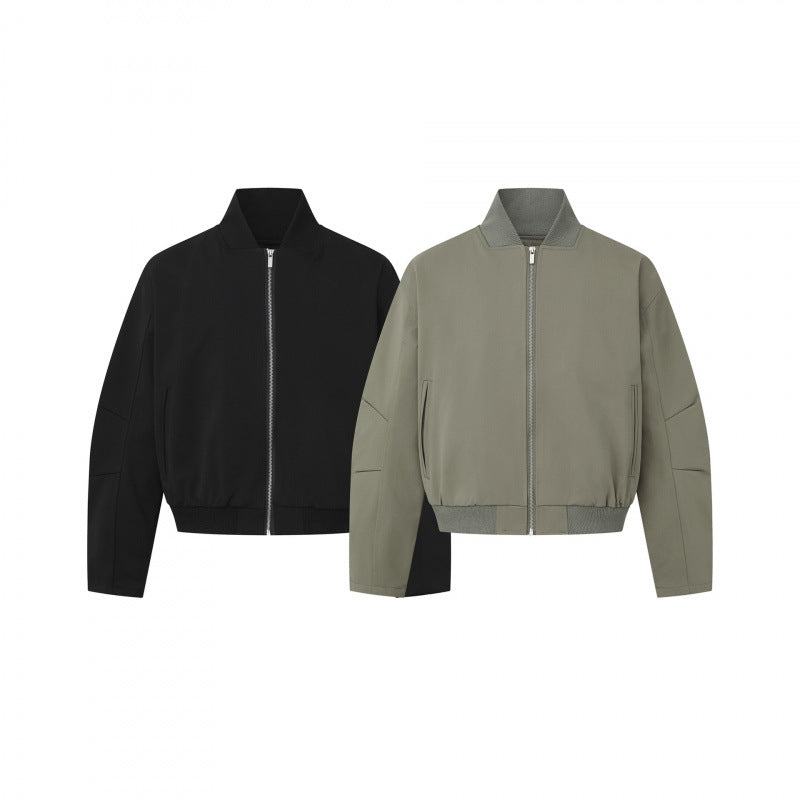 Unisex Short-cut minimalist bomber jacket with ribbed stand-up collar and concealed zipper placket Chichicherry
