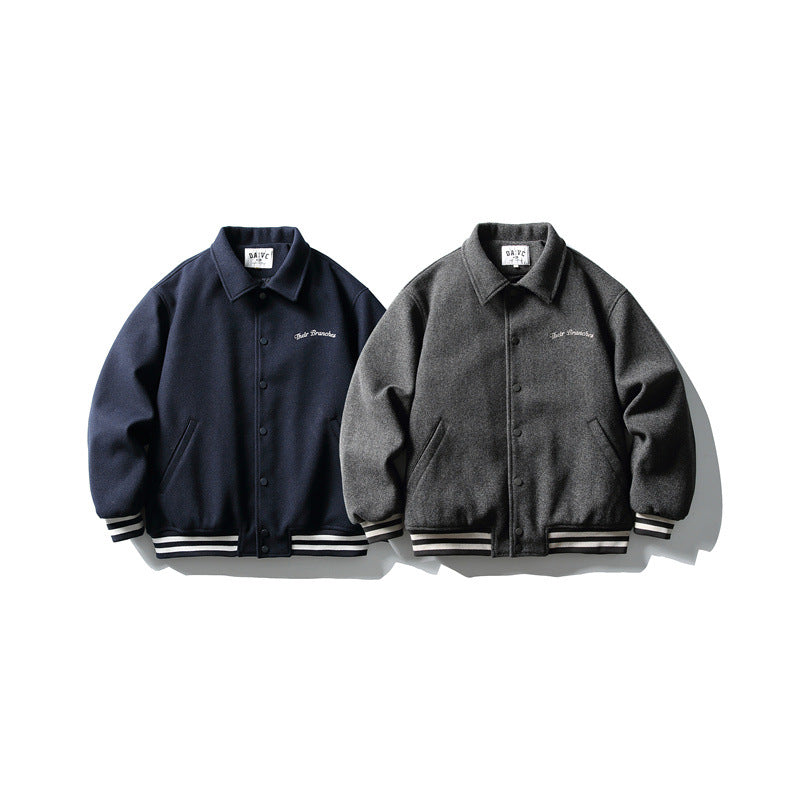 Men's Boxy College Blouson Jacket made of wool blend with snap button closure and striped ribbed cuffs Chichicherry