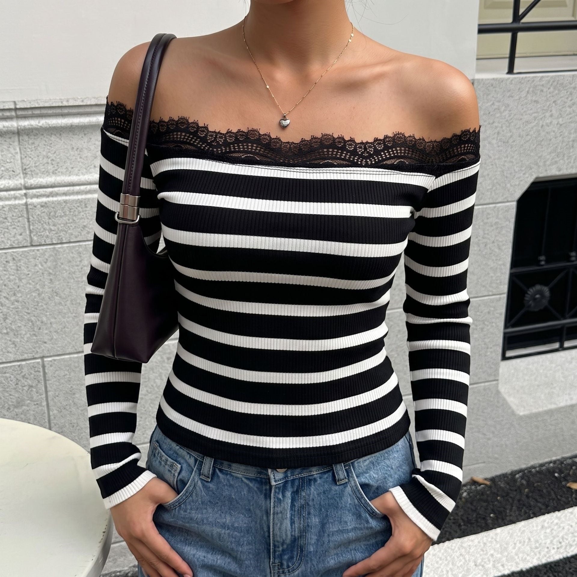 Women's Off-Shoulder Striped Ribbed Top with Lace Chichicherry
