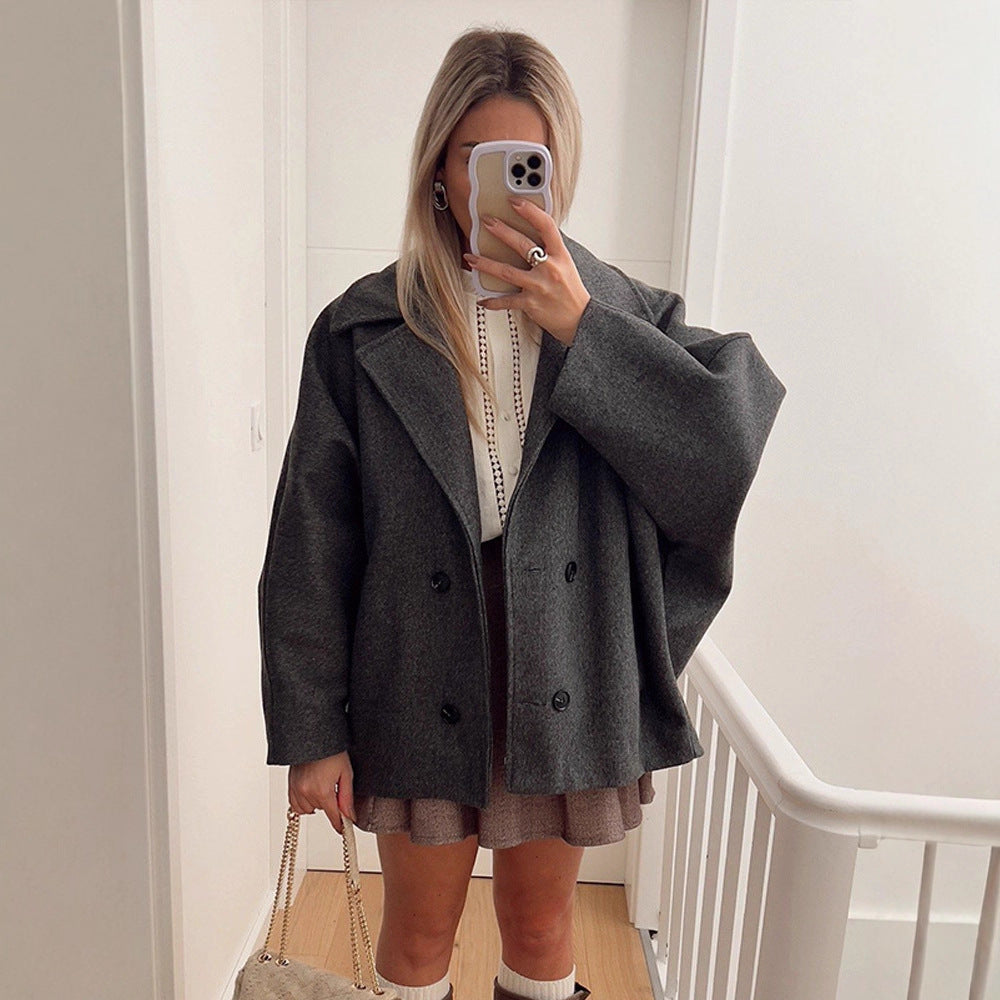 Women's Boxy Wool Blend Cocoon Jacket with Double-Breasted Button Placket and Wide Lapels Chichicherry