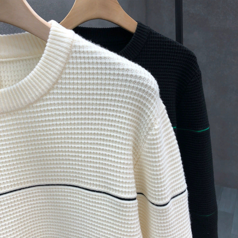 Unisex Strukturierter Waffelstrick-Pullover mit feinen Kontraststreifen Chichicherry