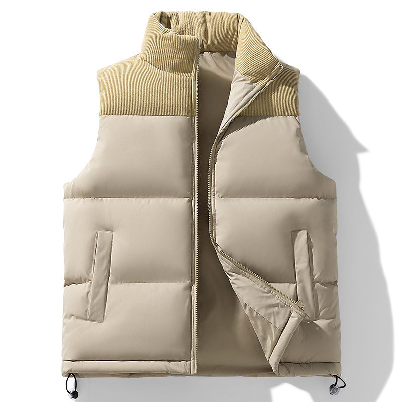 Men's Padded Quilted Vest with Corduroy Shoulder Panel and High Stand Collar Chichicherry