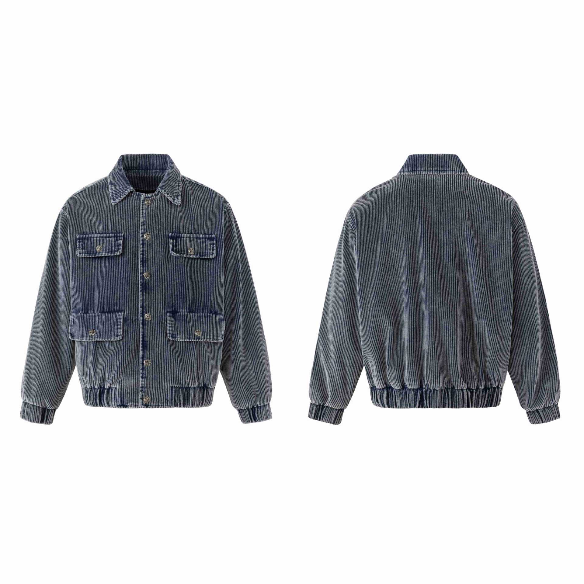 Unisex Short-cut Cord Workwear Jacket in Boxy Cut with Four Flap Pockets and Metal Buttons Chichicherry