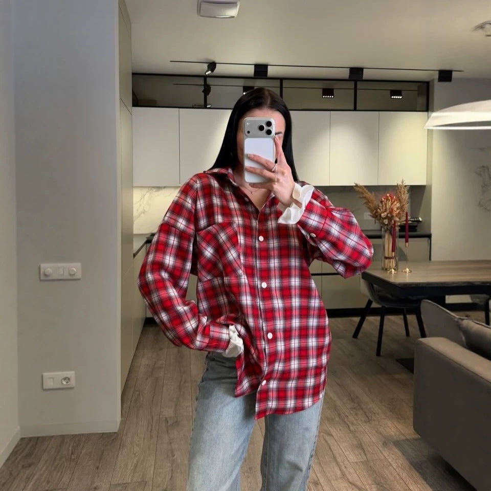 Damen Kariertes Flanell-Overshirt mit Hemdblusenkragen, Relaxed-Fit und aufgesetzter Brusttasche Chichicherry