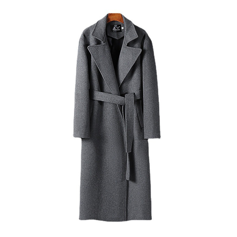 Men's Maxi-Length Wool Blend Coat with Shawl Collar and Tie Belt Chichicherry