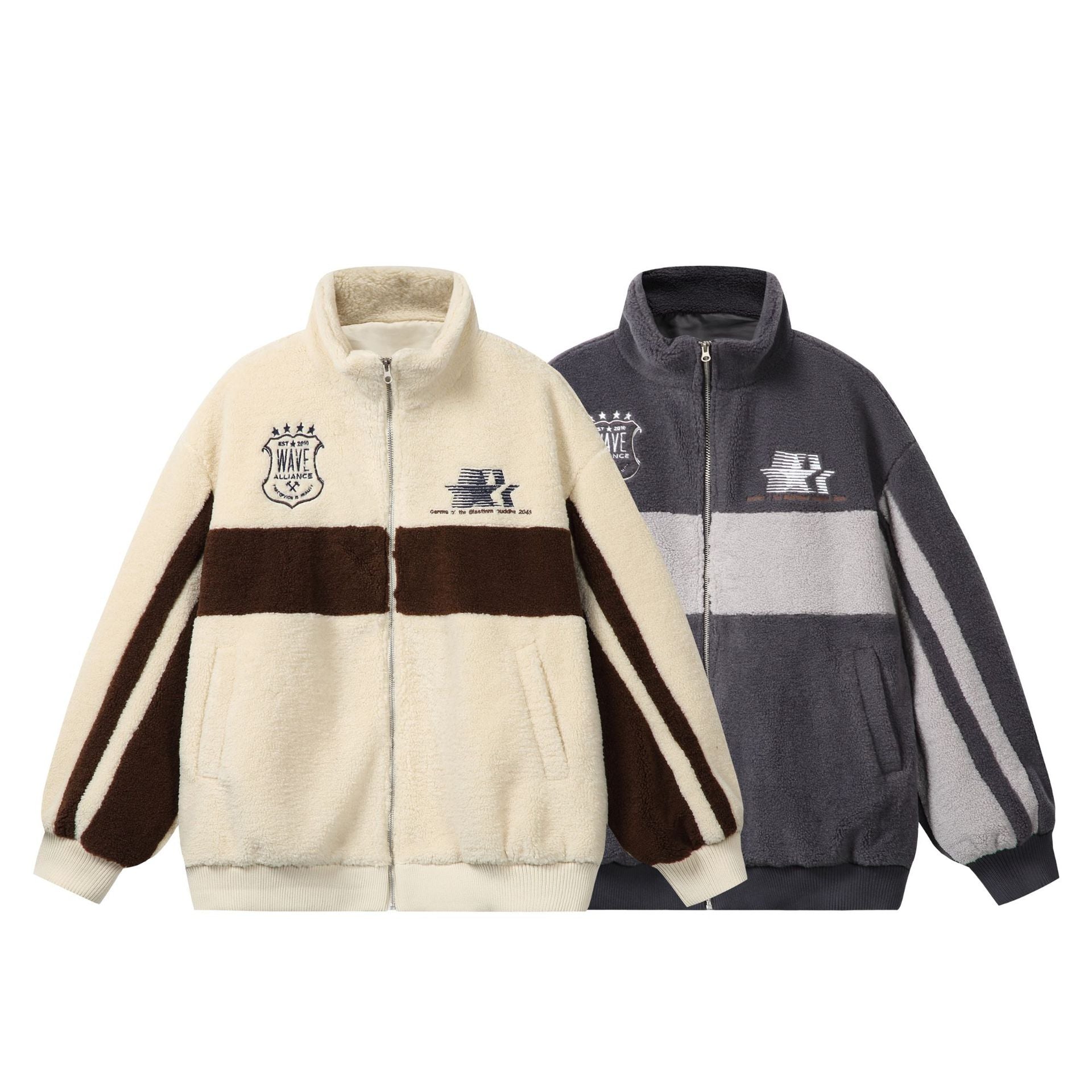 Unisex Sherpa fleece jacket in boxy cut with stand-up collar, block stripes and embroidery details Chichicherry