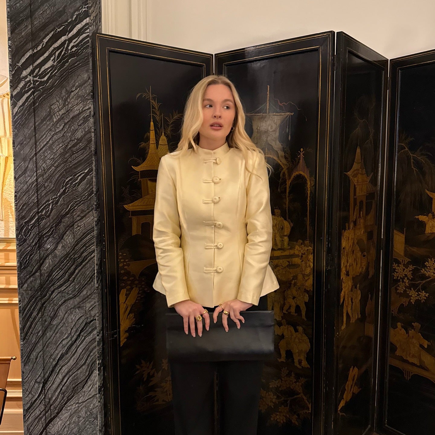 Women's Tailored Satin Blazer with Stand Collar, Decorative Cord Buttons and Peplum Chichicherry