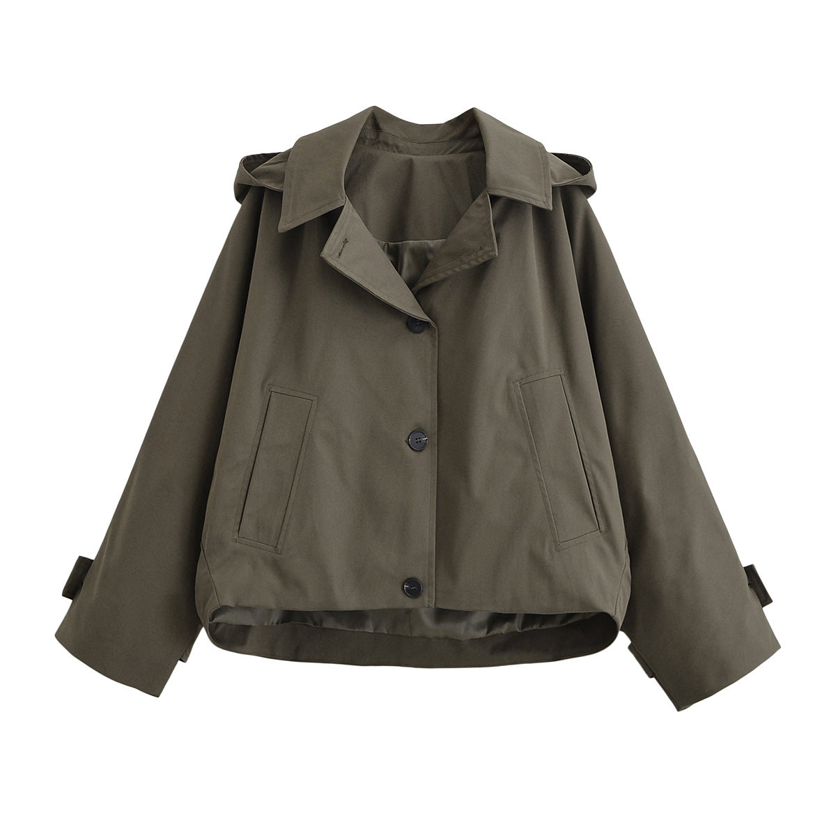 Ladies short trench coat in boxy cut with notch collar and piped patch pockets Chichicherry