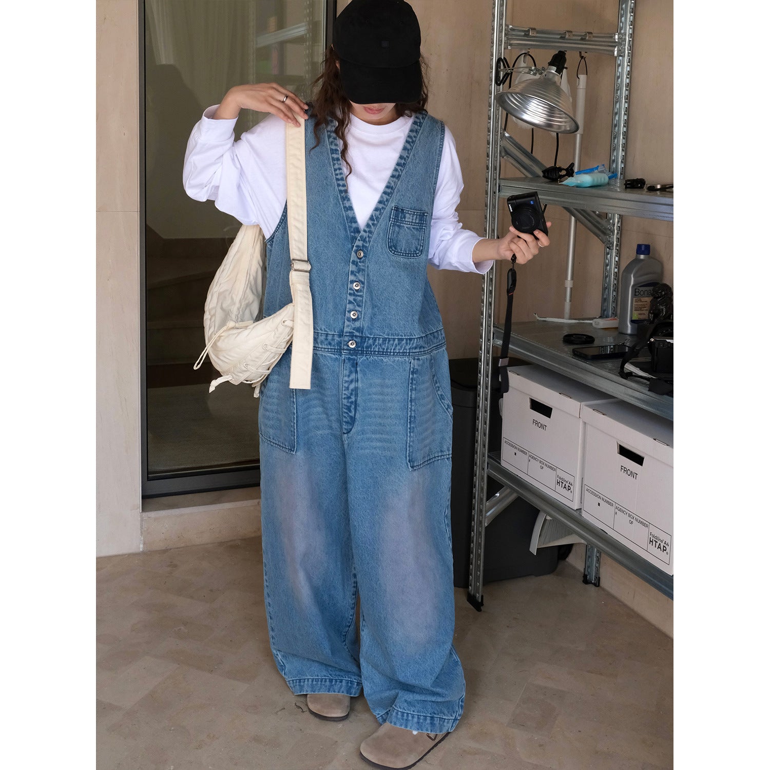 Women's Loose Denim Overalls in Baggy Style with Deep V-Neck and Button Placket Chichicherry