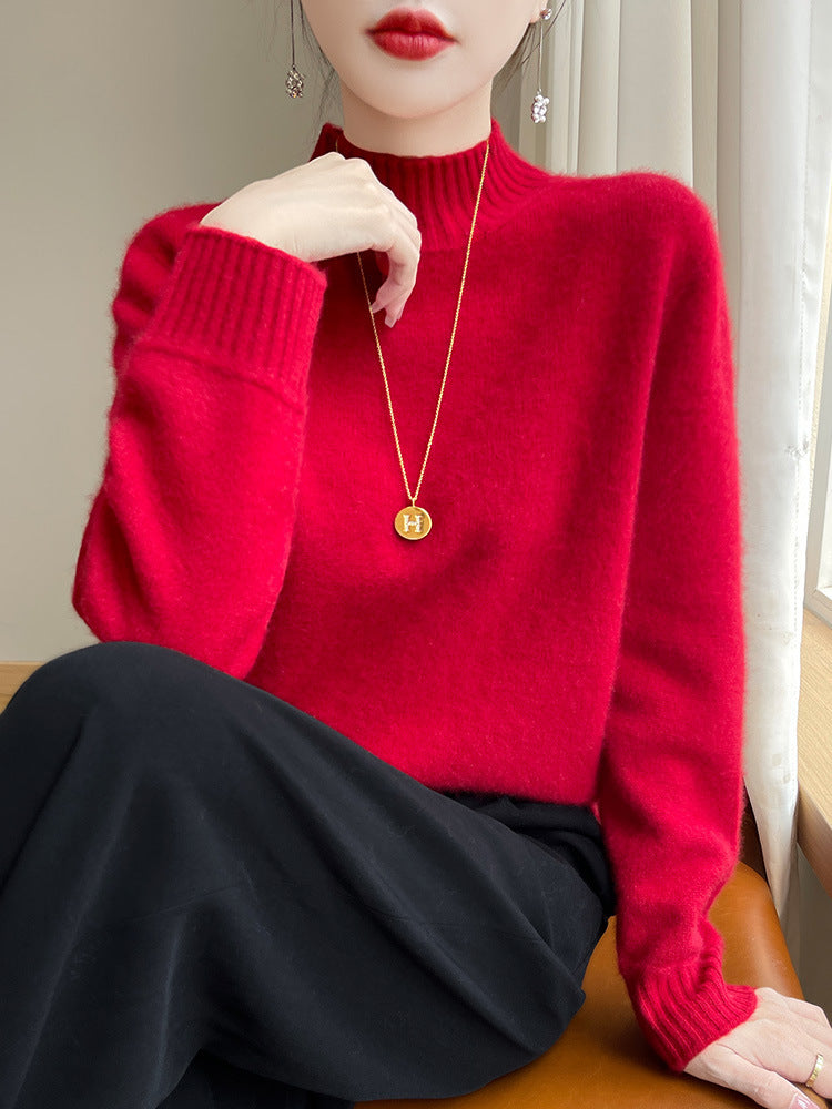 Women's Luxury Soft Midweight Mock Neck Sweater in Angora Look with Fine Rib and Relaxed Silhouette Chichicherry