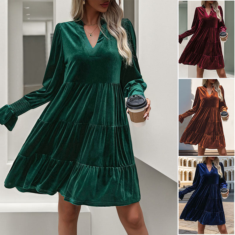 Women's velvet tiered dress with V-neck, gathered yoke, and balloon sleeves Chichicherry