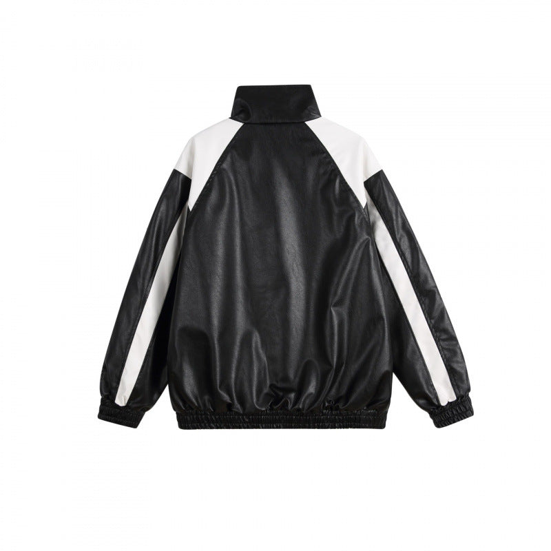 Unisex Retro-inspired Faux Leather Bomber Jacket with Stand-up Collar, Contrast Stripes and Letter Patch Chichicherry
