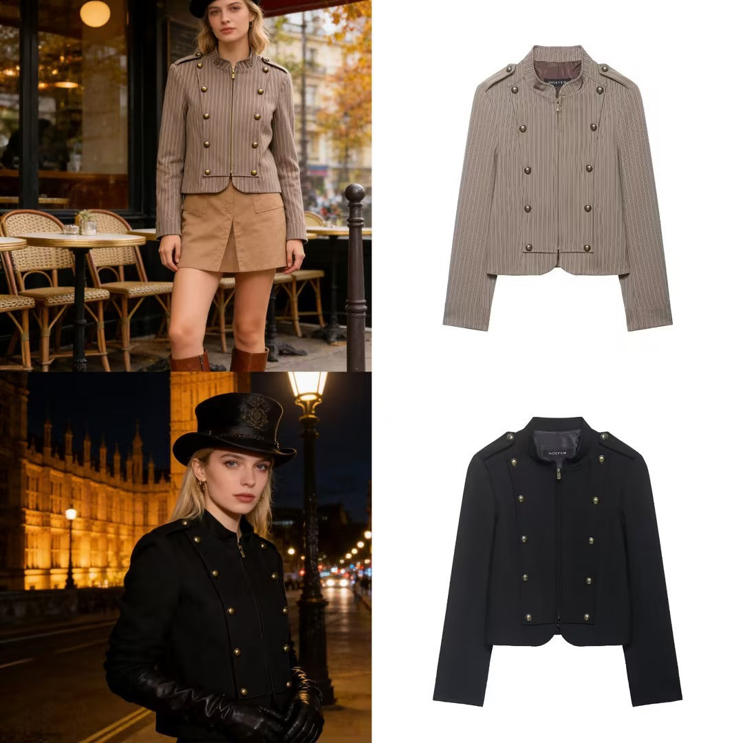 Women's short blazer in military style with stand-up collar and decorative buttons Chichicherry