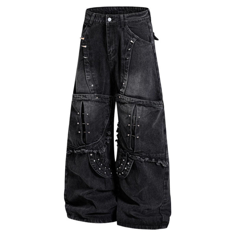 Women Wide High-Waist Denim Cargo Culotte with Rivets and Large Flap Pockets Chichicherry