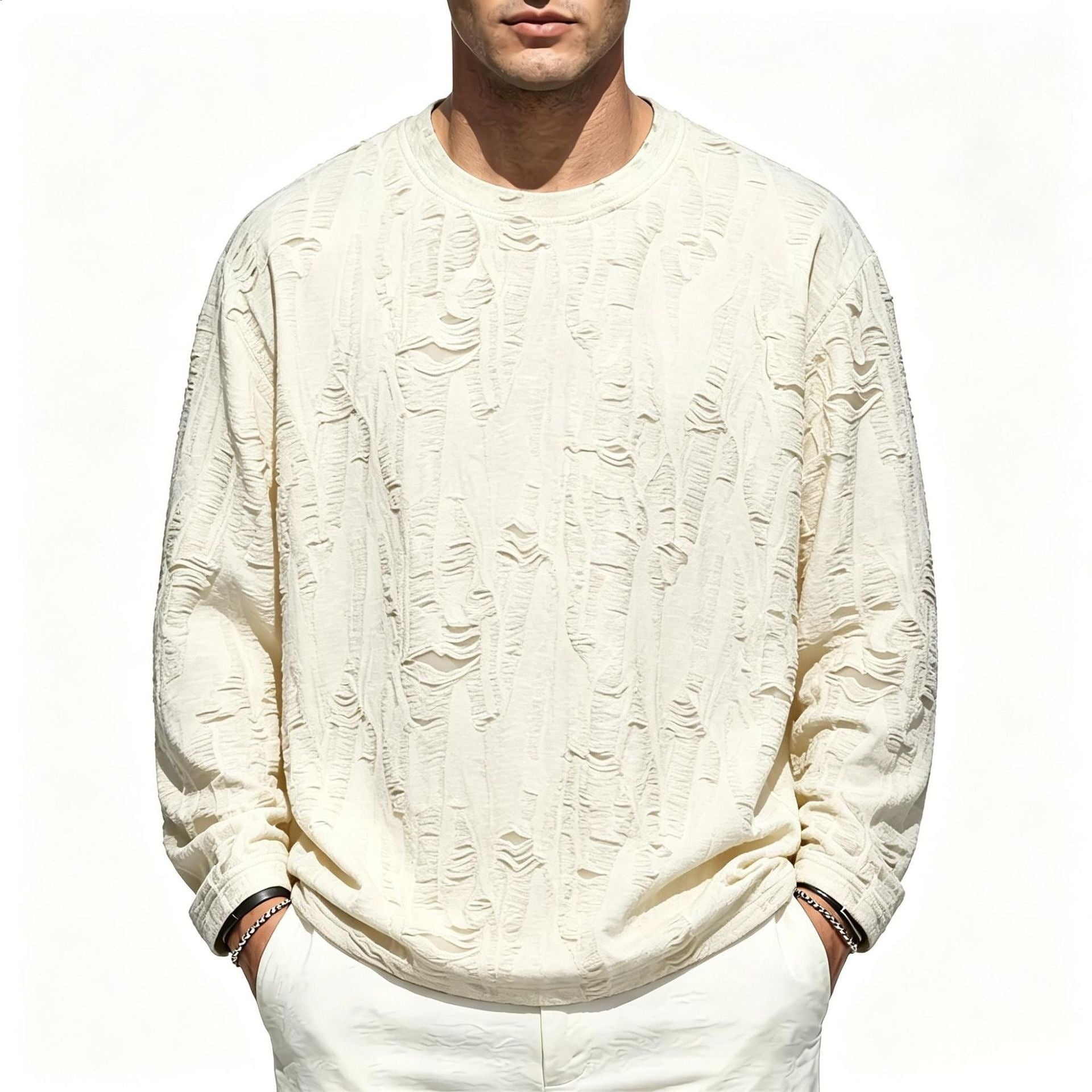 Men's Oversized Sweatshirt with Frayed Look and Structured Ribbed Optics Chichicherry
