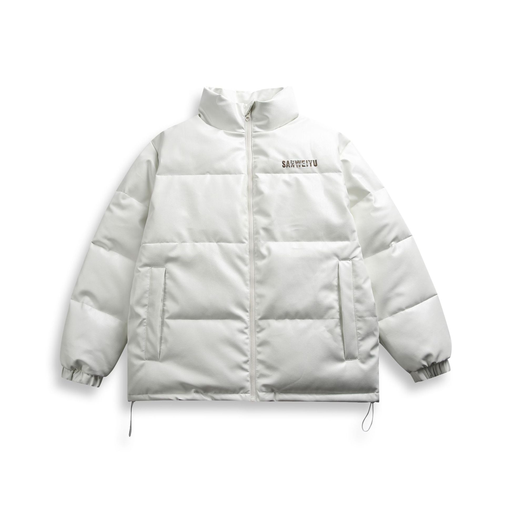 Unisex short-cut matte thermal puffer jacket with minimal seam construction and drawstring hem Chichicherry