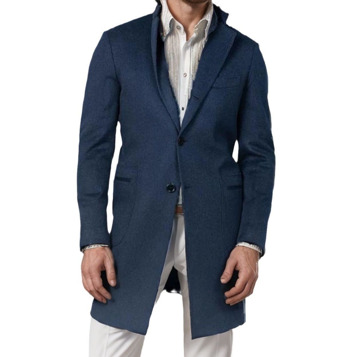 Men's Long Tailored Wool Blend Coat with Subtle One-Button Placket Chichicherry