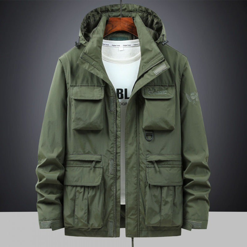 Men's Mult functional Utility Field Jacket with Hood, Multiple Pockets and Ripstop Outer Material Chichicherry