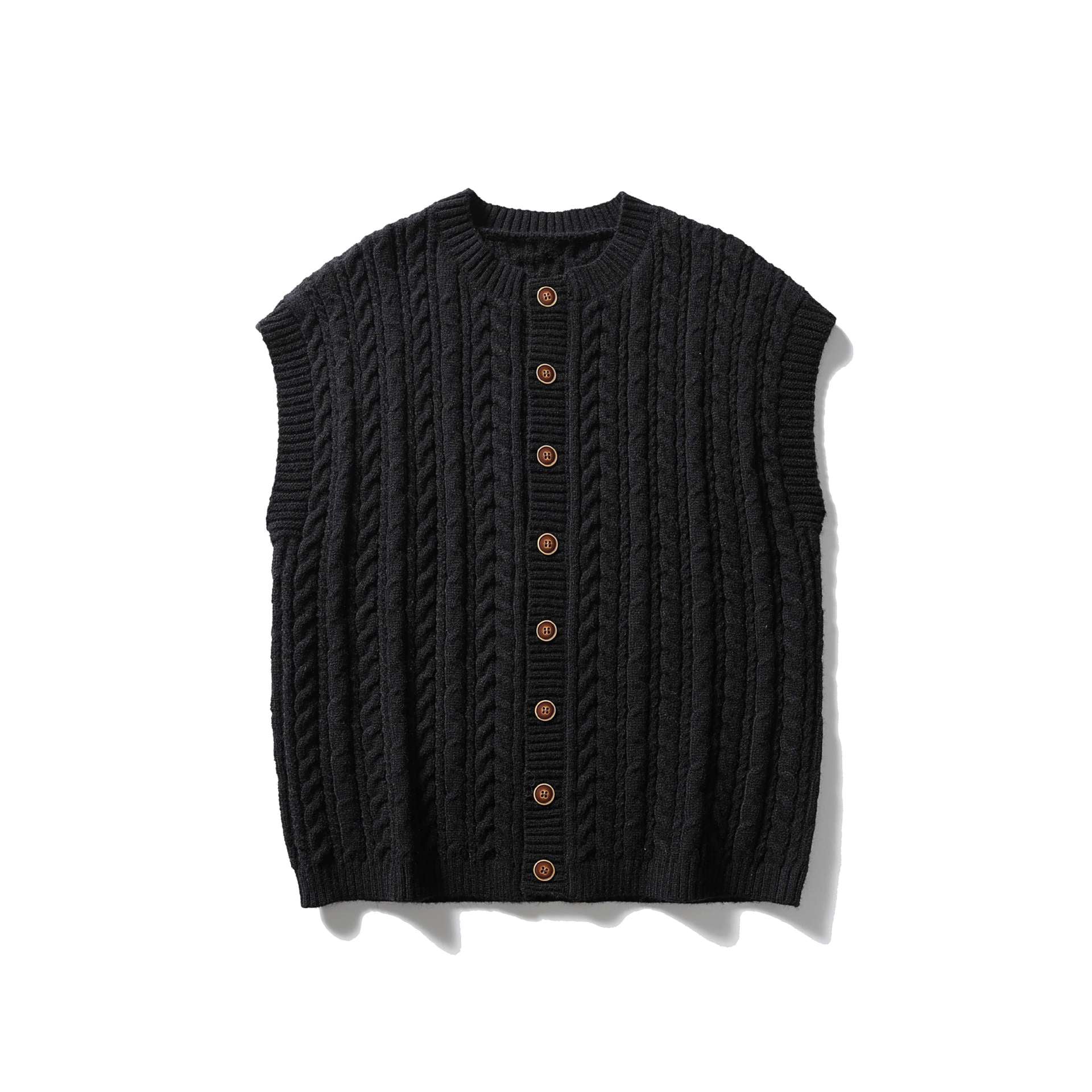 Women's Sleeveless Cable Knit Vest with Wooden Buttons and Ribbed Hem Chichicherry