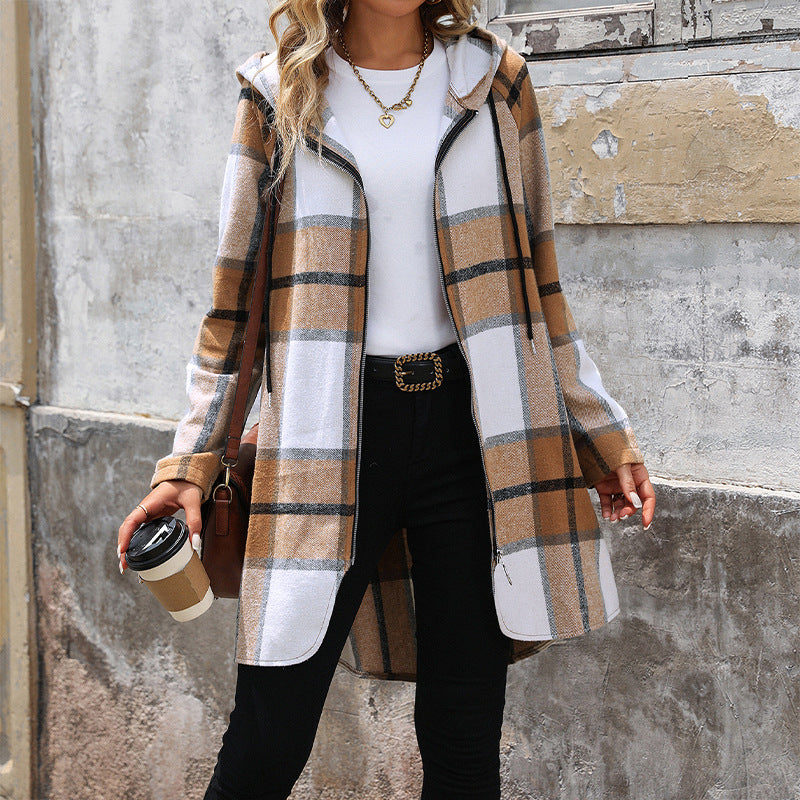 Women's Long Hooded Cardigan with Check Pattern, Zipper & Pockets Chichicherry