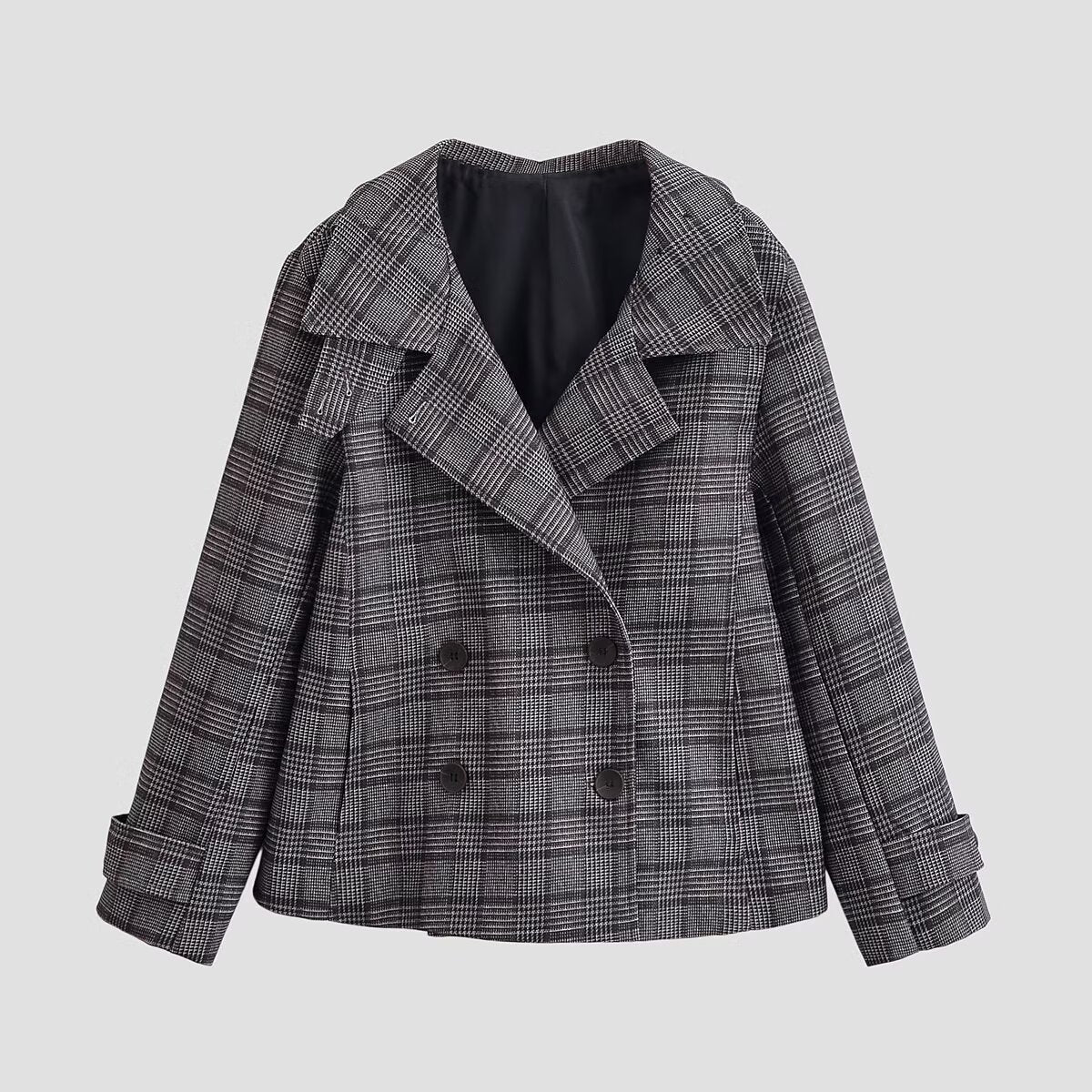 Women's Cropped Double-Breasted Blazer in Glen Check with Oversized Lapels and Turn-Up Sleeves Chichicherry