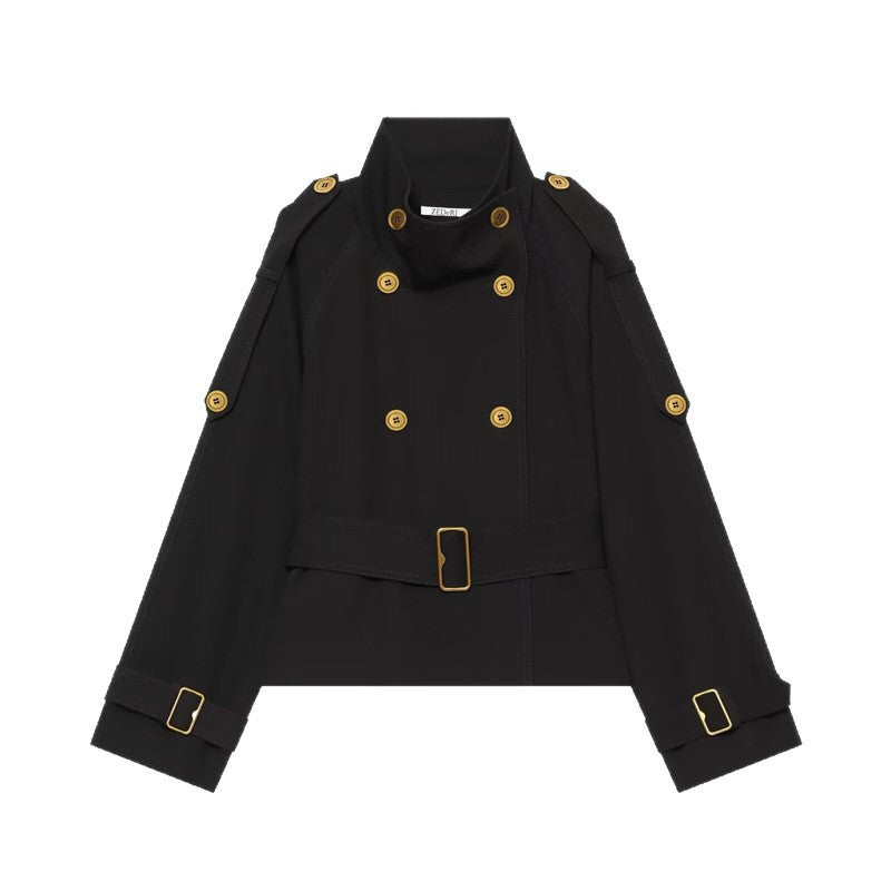 Women's Short Double-Breasted Trench Coat with Waistbelt, Epaulettes and Gold-Colored Details Chichicherry
