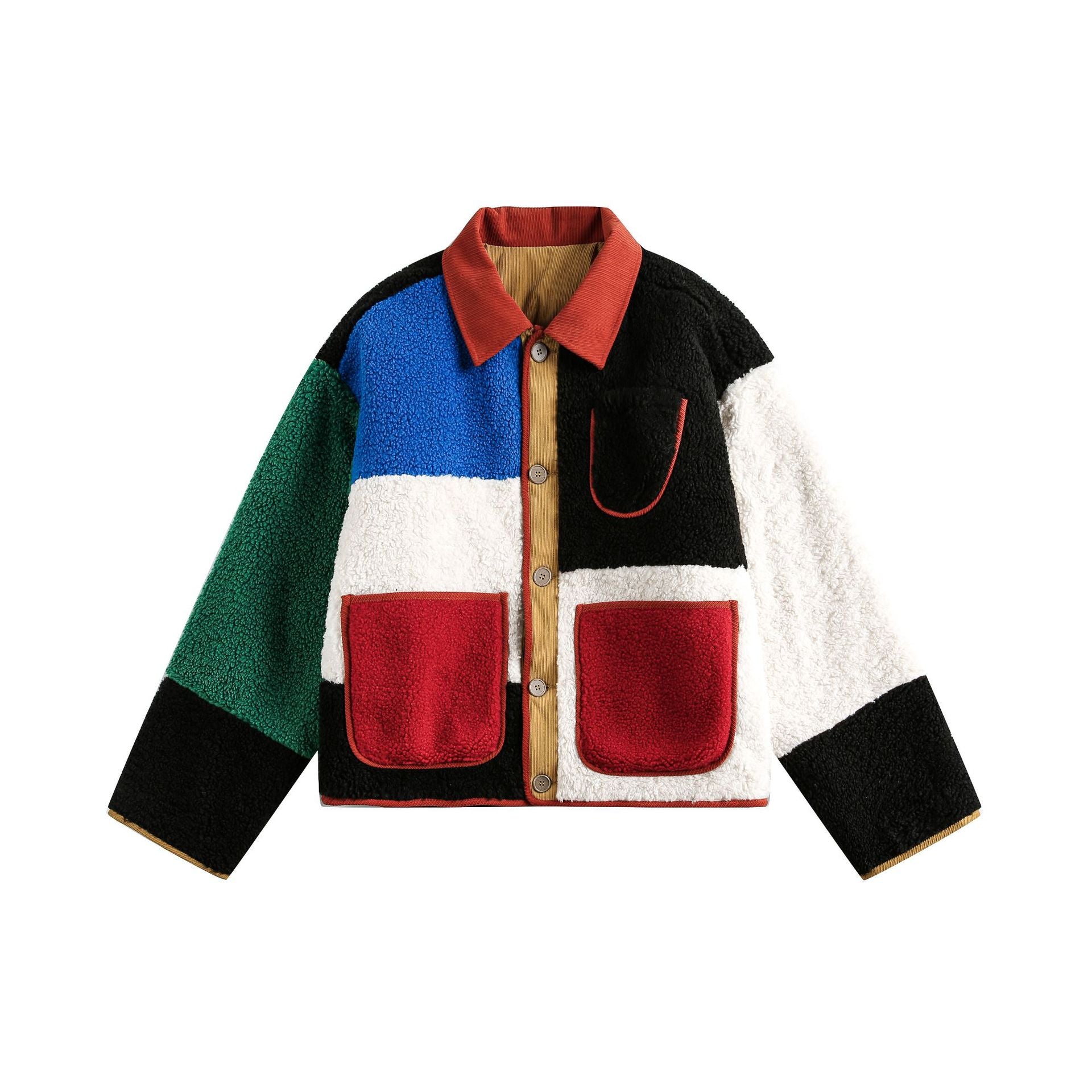 Unisex Boxy Patchwork Sherpa-Fleece Jacket with Cord Collar and Patch Pockets Chichicherry