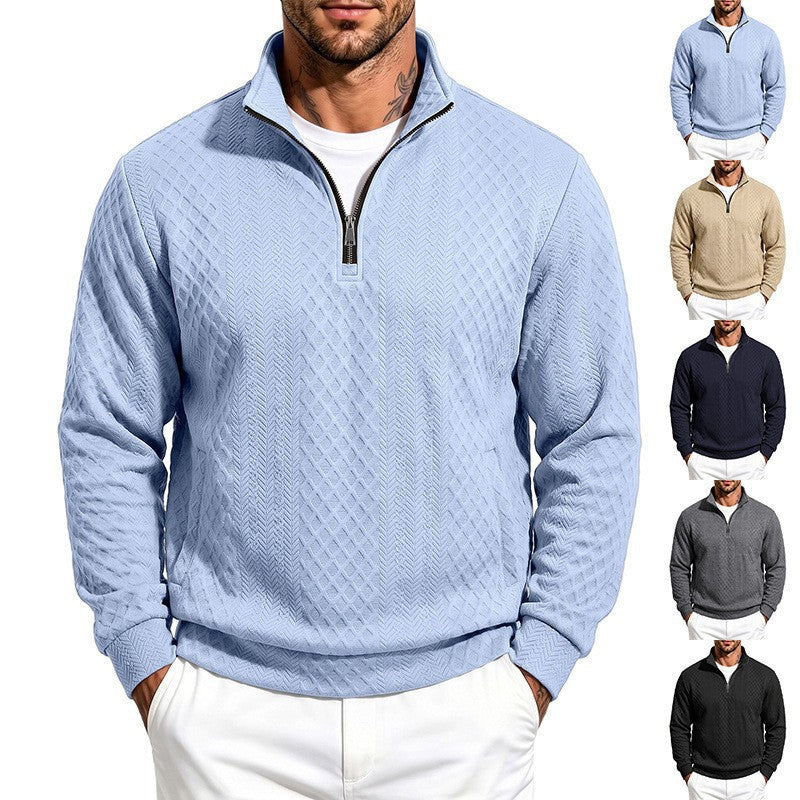 Men's Textured Half-Zip Sweater with Stand-Up Collar and Texture Pattern Chichicherry