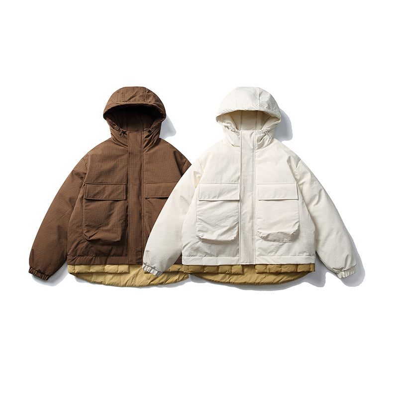 Unisex Short cut padded hoodie jacket in material mix with patch pockets Chichicherry