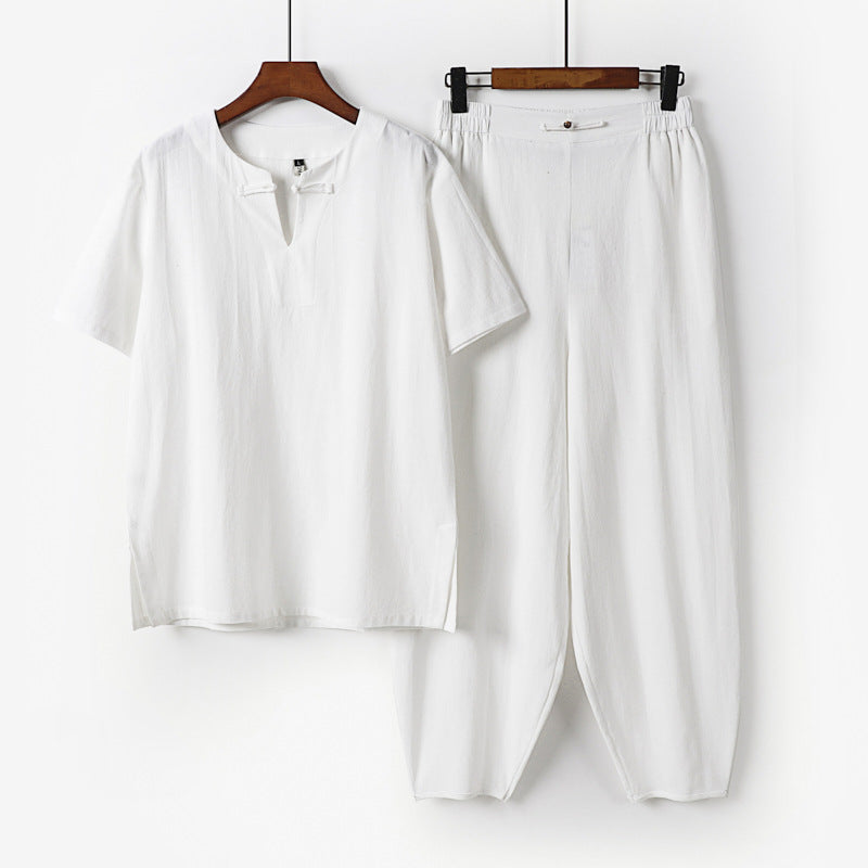 Men's Two-Piece Set with Short Sleeve Stand Collar Shirt and Elastic Harem Pants Chichicherry