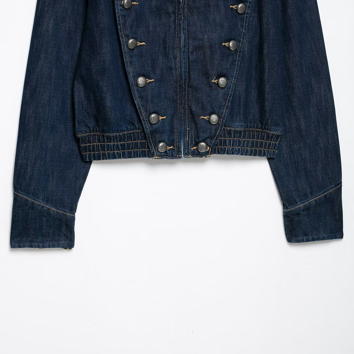 Women's Cropped Denim Field Jacket with Decorative Double Row and Stand-Up Collar Chichicherry