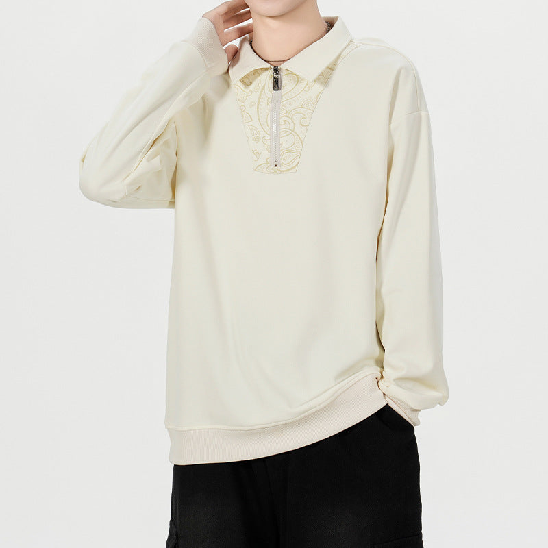 Men's Loose Sweatshirt with Polo Collar, Half Zipper and Paisley Trimming Chichicherry