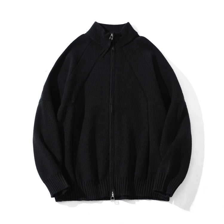 Unisex Coarse Knit Zip Cardigan with Stand-up Collar and Two-way Zipper Chichicherry