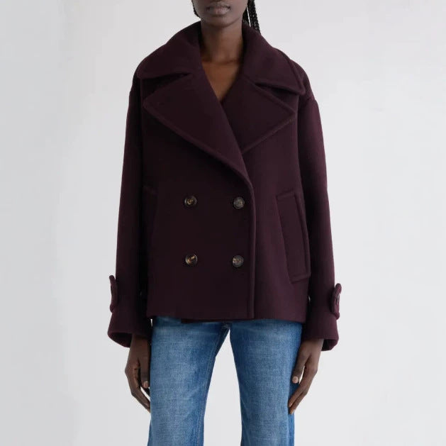 Women's Short Cut Oversized Peacoat made of Wool Blend with Wide Lapel Chichicherry