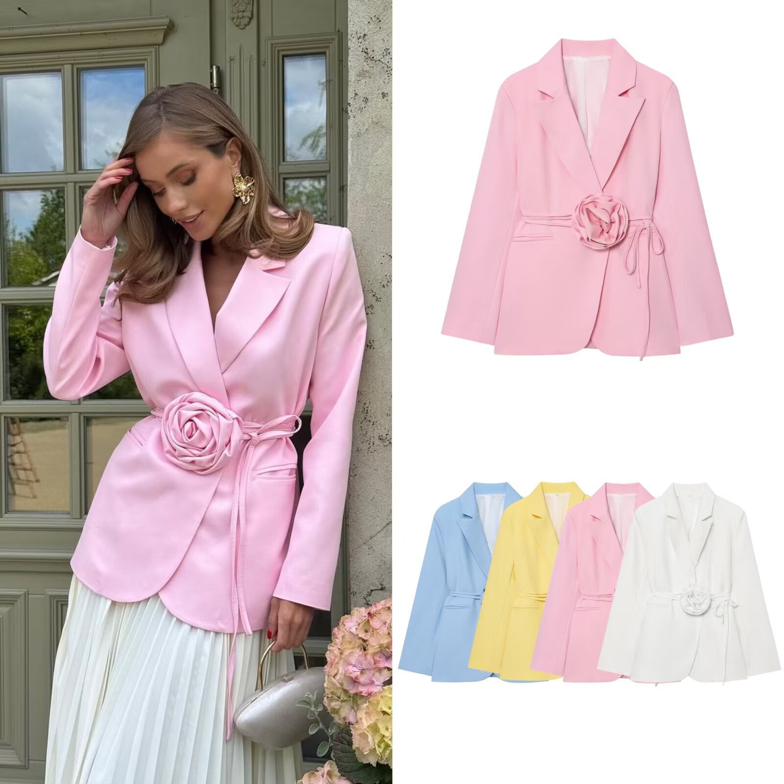 Women's Tailored Blazer with Decorative Rose Belt and Revers Collar Chichicherry