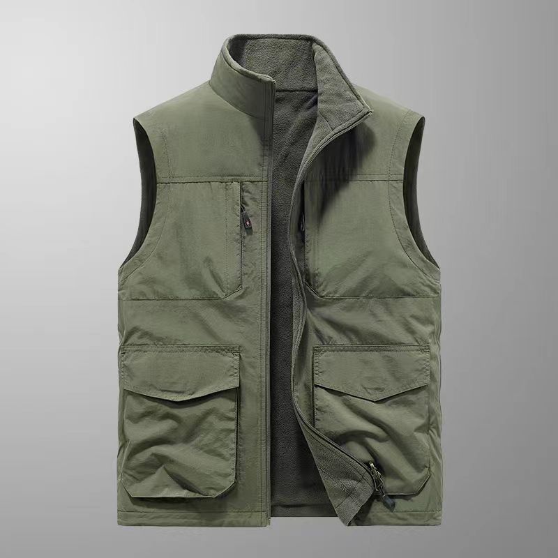 Men's robust canvas utility vest with multifunctional outer pockets and high stand-up collar Chichicherry