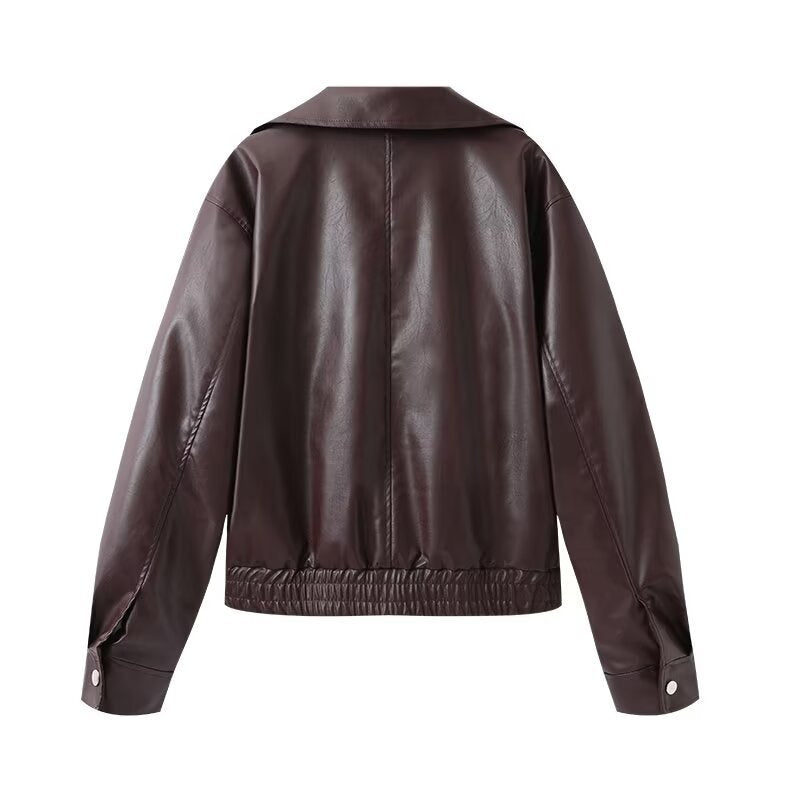 Women Cropped Faux Leather Bomber Jacket with Oversized Shirt Collar and Elastic Hem Chichicherry