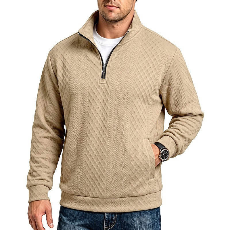 Men's Textured Half-Zip Sweater with Stand-Up Collar and Texture Pattern Chichicherry